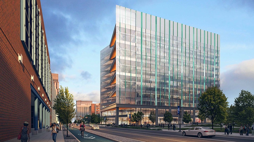 A large glass building.